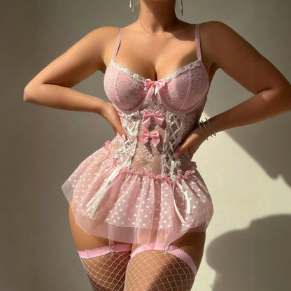 Sexy Lace Corset Lingerie Set with Garter Belt and Bow Details – Retro Lingerie Dress for Women