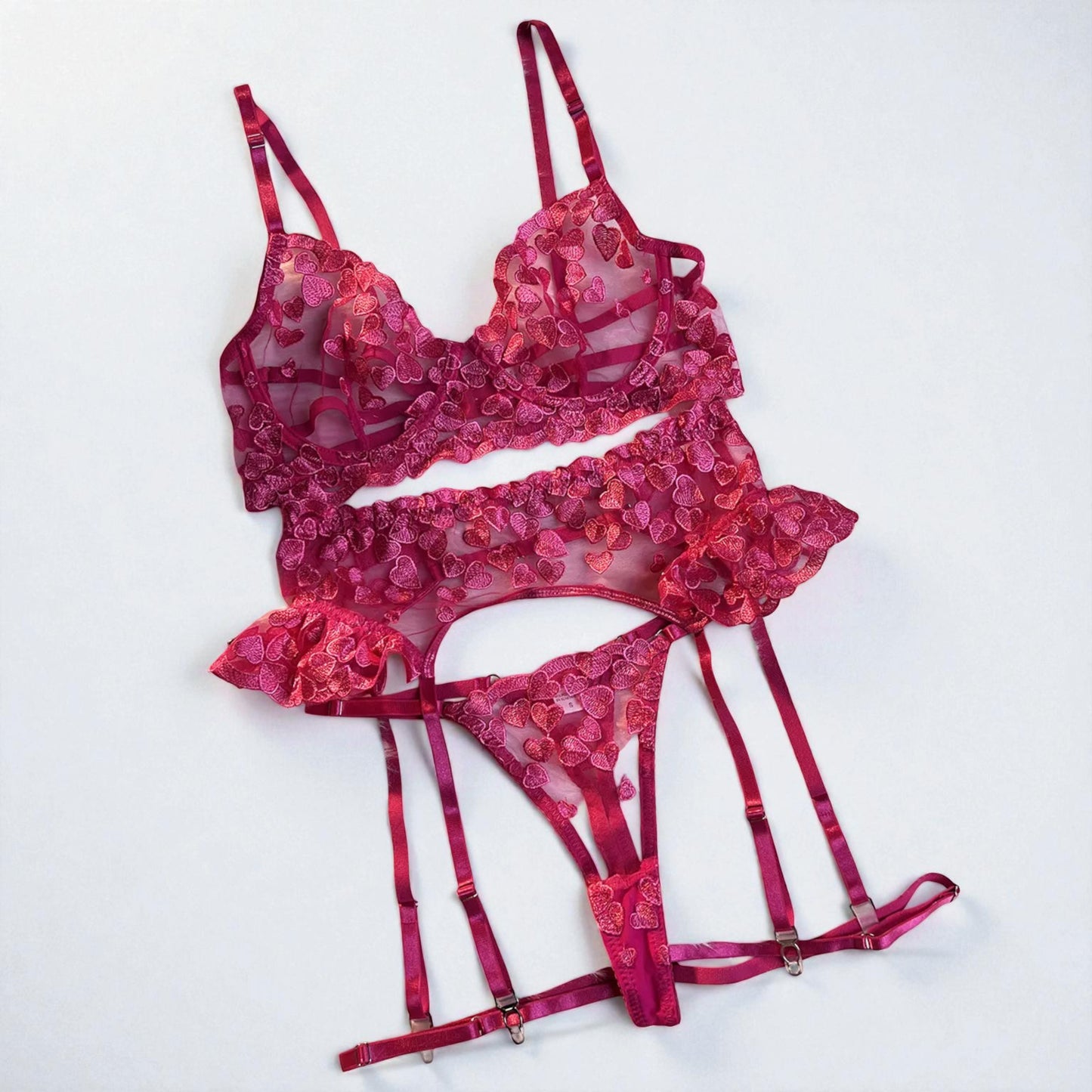 Embroidered Heart Lace Sexy 4-Piece Lingerie Suit