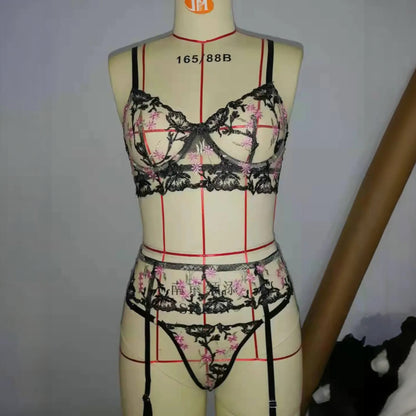 Black Cross Lace Embroidered 3-Piece Steel-Ring Sexy Lingerie Set
