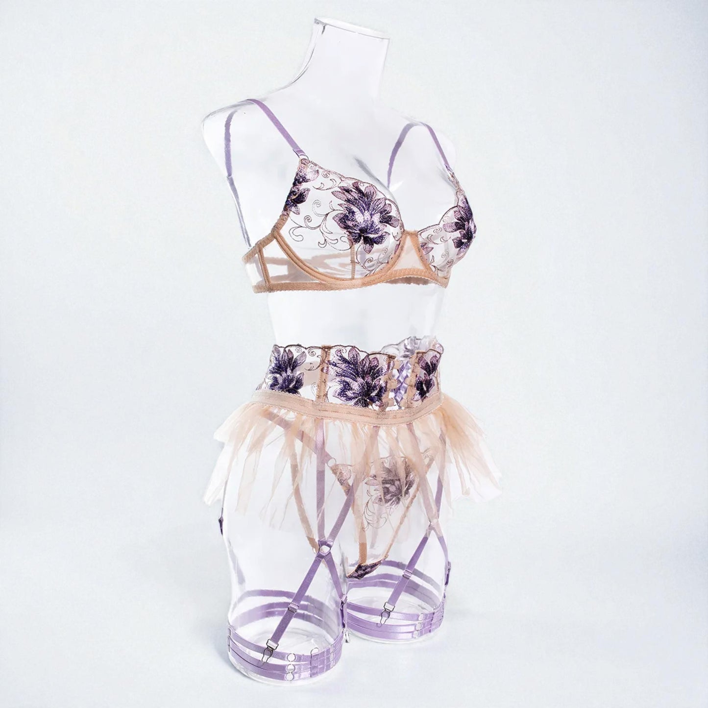 Apricot Mesh Embroidered Skirt 4-Piece Ultra Sexy Lingerie Set