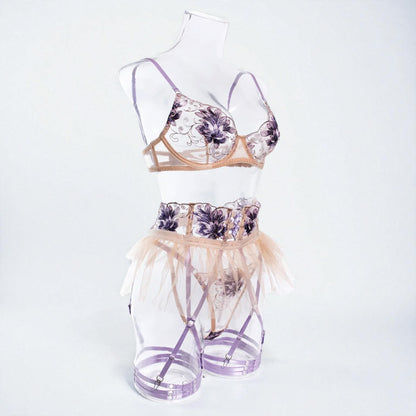 Apricot Mesh Embroidered Skirt 4-Piece Ultra Sexy Lingerie Set