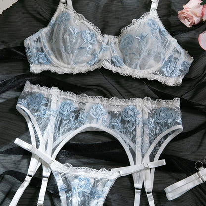 Embroidered White Lace Lingerie Set – Sexy 3-Piece Bra, Thong & Garter Belt | Sheer Floral Bridal Lingerie