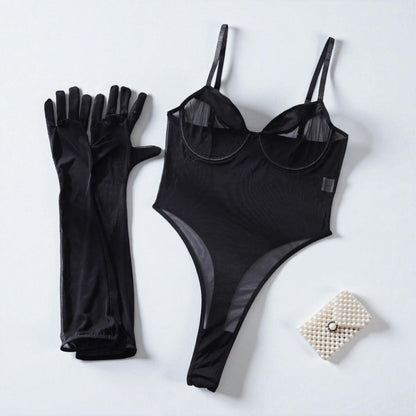 Bodysuit Lace Transparent Mesh with Gloves – Sexy Lingerie Set