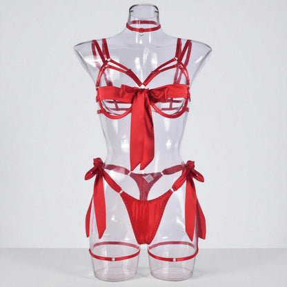 Satin Sexy Dew Leg Ring Strap 4-Piece Lingerie Set