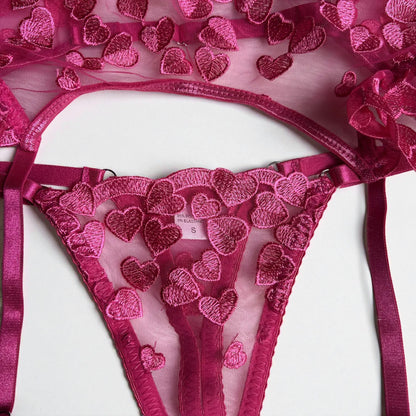 Embroidered Heart Lace Sexy 4-Piece Lingerie Suit
