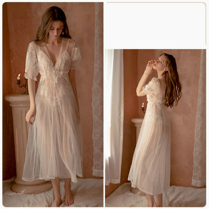 Women’s Lace Sheer Chemise 3-Piece Lingerie Set – Robe, Dress & Panty