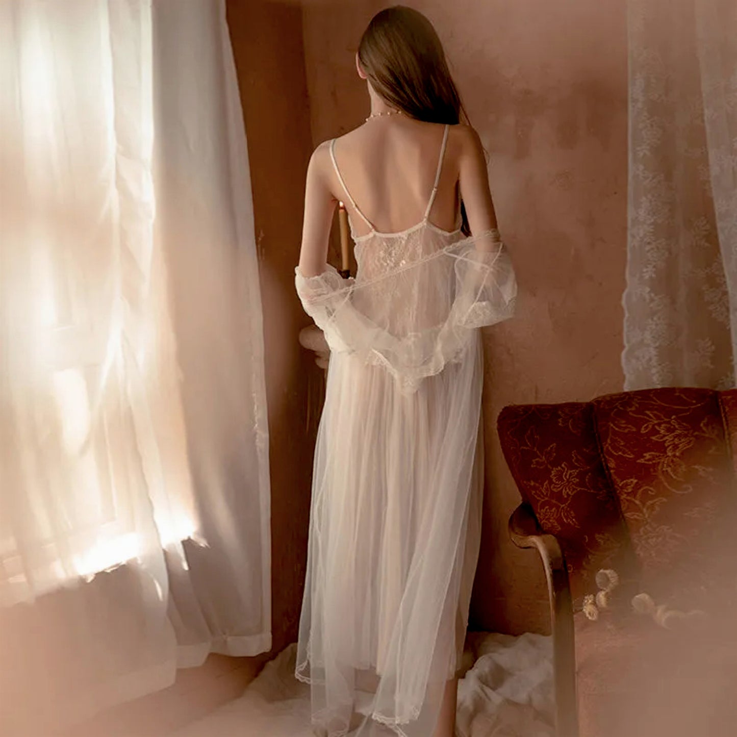 Women’s Lace Sheer Chemise 3-Piece Lingerie Set – Robe, Dress & Panty