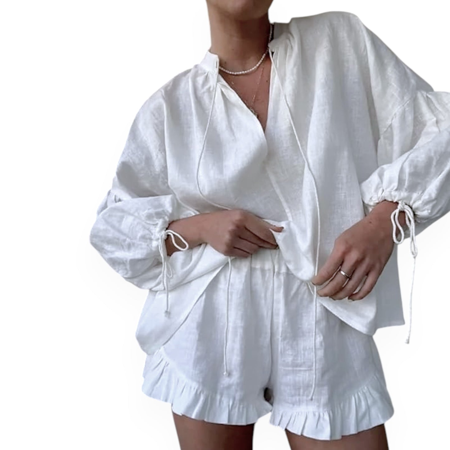 Lace-up Suits Loose V-neck Lantern Sleeve Top And Ruffles Shorts Solid Two-piece Set Womens Clothing