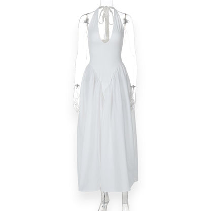Women’s Fashion Long Summer Dress – Deep V Neck, Spliced Halter, Open Back Evening & Beach Dress