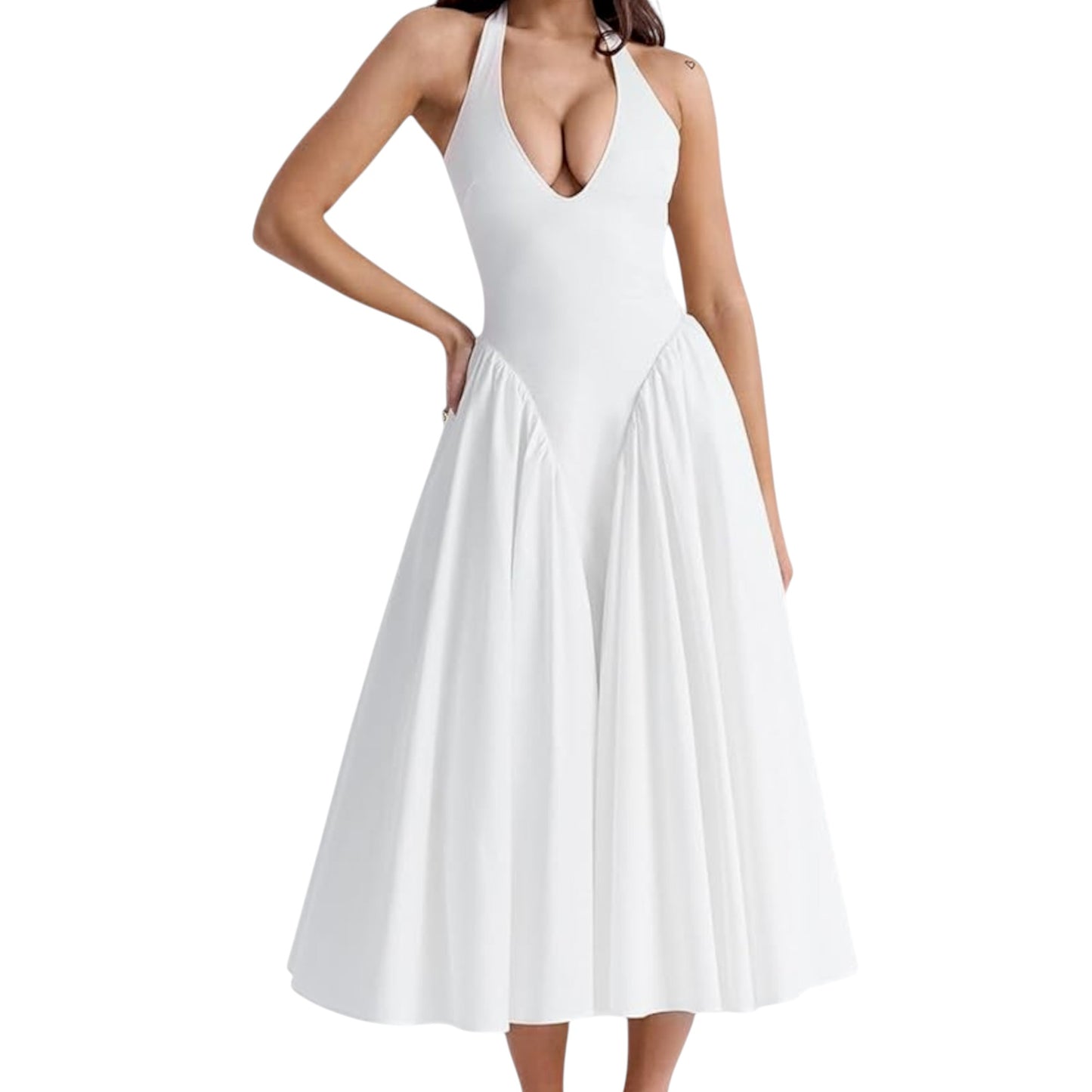 Women’s Fashion Long Summer Dress – Deep V Neck, Spliced Halter, Open Back Evening & Beach Dress
