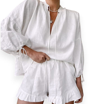 Lace-up Suits Loose V-neck Lantern Sleeve Top And Ruffles Shorts Solid Two-piece Set Womens Clothing