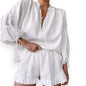 Lace-up Suits Loose V-neck Lantern Sleeve Top And Ruffles Shorts Solid Two-piece Set Womens Clothing