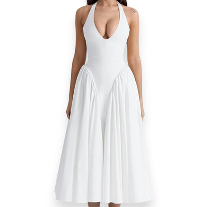 Women’s Fashion Long Summer Dress – Deep V Neck, Spliced Halter, Open Back Evening & Beach Dress