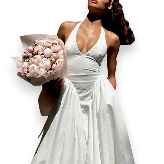 Women's Fashion Long Summer Dress – Deep V Neck, Spliced Halter, Open Back