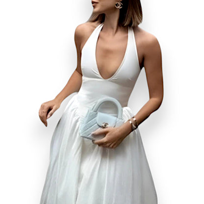 Women’s Fashion Long Summer Dress – Deep V Neck, Spliced Halter, Open Back Evening & Beach Dress