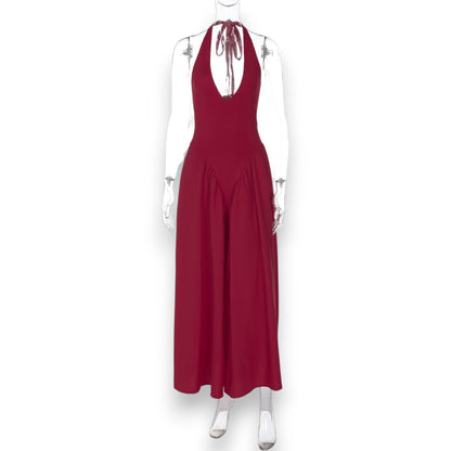 Women’s Fashion Long Summer Dress – Deep V Neck, Spliced Halter, Open Back Evening & Beach Dress