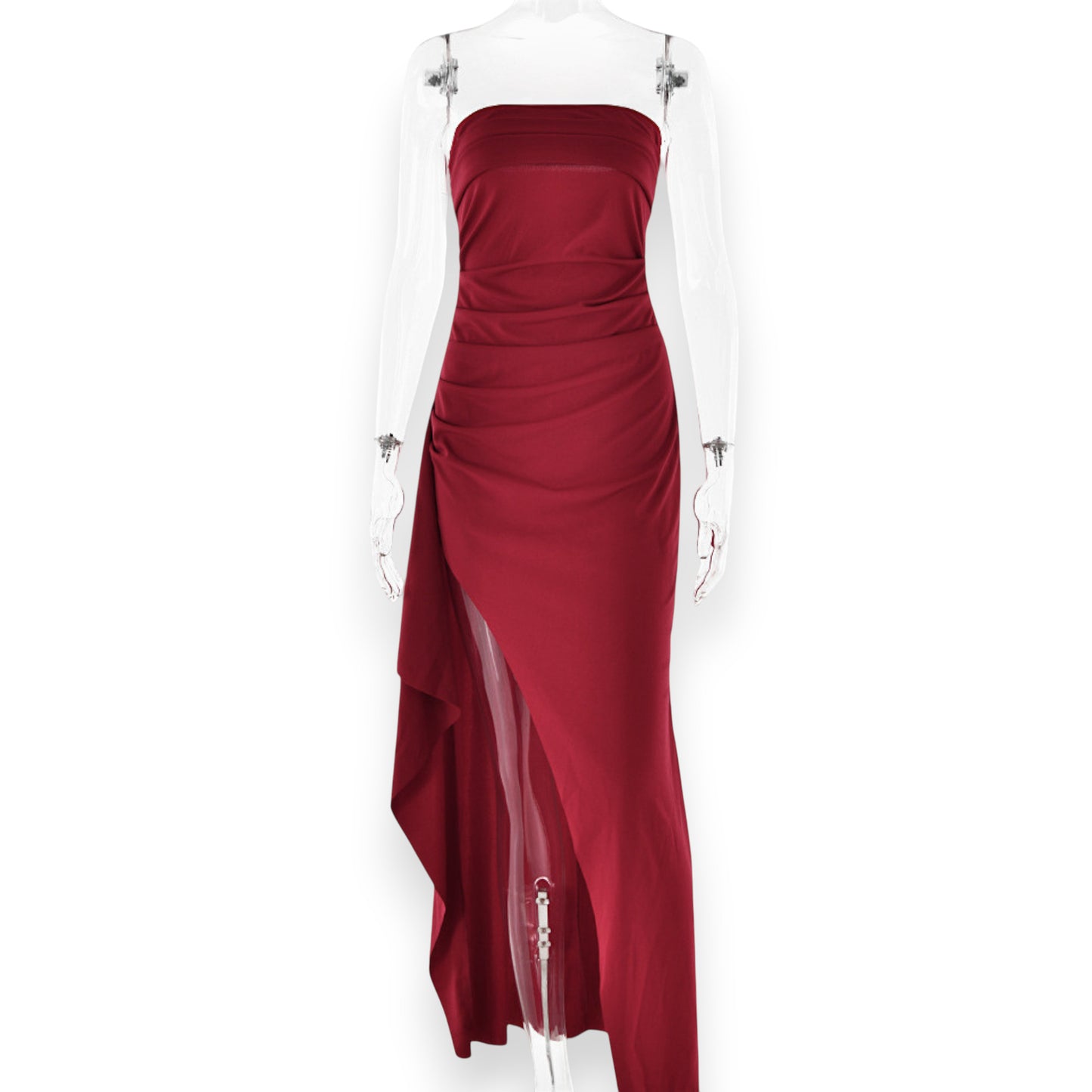 Women's Strapless Backless Maxi Dress - Sexy Bodycon Ruched Off Shoulder Evening Gown with High Slit for Party & Cocktail