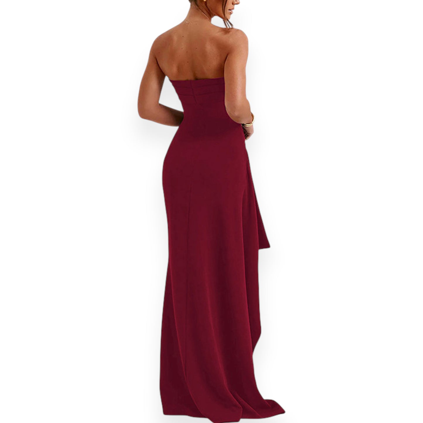 Women's Strapless Backless Maxi Dress - Sexy Bodycon Ruched Off Shoulder Evening Gown with High Slit for Party & Cocktail