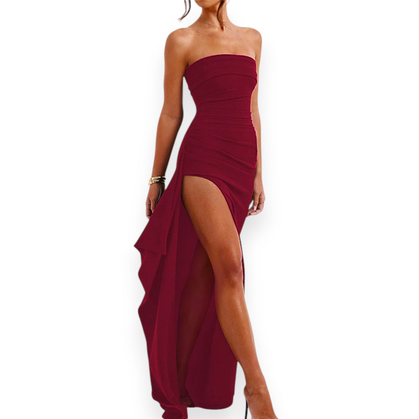 Women's Strapless Backless Maxi Dress - Sexy Bodycon Ruched Off Shoulder Evening Gown with High Slit for Party & Cocktail