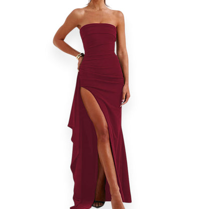 Women's Strapless Backless Maxi Dress - Sexy Bodycon Ruched Off Shoulder Evening Gown with High Slit for Party & Cocktail
