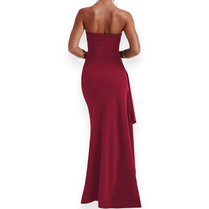Women's Strapless Backless Maxi Dress - Sexy Bodycon Ruched Off Shoulder Evening Gown with High Slit for Party & Cocktail