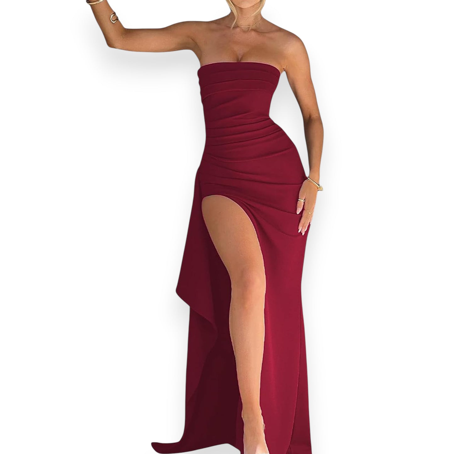 Women's Strapless Backless Maxi Dress - Sexy Bodycon Ruched Off Shoulder Evening Gown with High Slit for Party & Cocktail