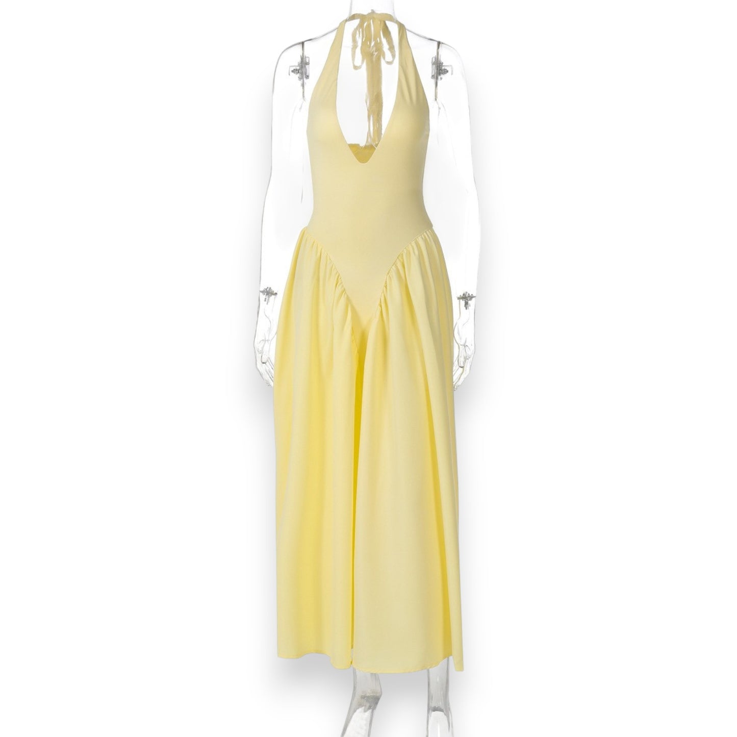Women’s Fashion Long Summer Dress – Deep V Neck, Spliced Halter, Open Back Evening & Beach Dress
