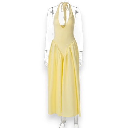 Women’s Fashion Long Summer Dress – Deep V Neck, Spliced Halter, Open Back Evening & Beach Dress